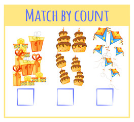 Kids learning number material. Educational game for preschool children with different subjects. Cartoon vector illustration