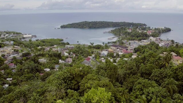 Aerial view of Port Antonio in Jamaica looking towards Navy Island and peaking down into the town and the west Harbour.