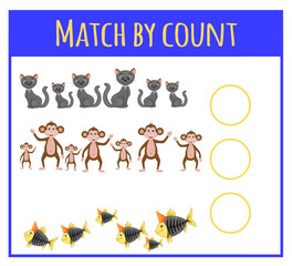 Kids learning number material. Educational game for preschool children with different subjects. Cartoon vector illustration