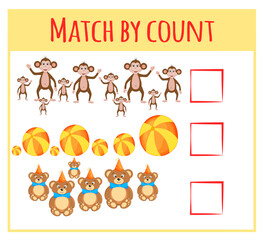 Kids learning number material. Educational game for preschool children with different subjects. Cartoon vector illustration