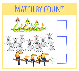 Kids learning number material. Educational game for preschool children with different subjects. Cartoon vector illustration