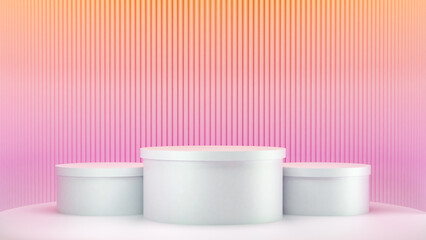 3d rendering triple podium Mockup for product presentation, Blank showcase mockup with pink and orange vertical cylinder background