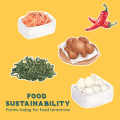 Sticker template with chicken farm food concept,watercolor style