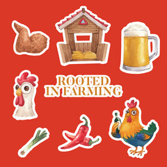 Sticker template with chicken farm food concept,watercolor style