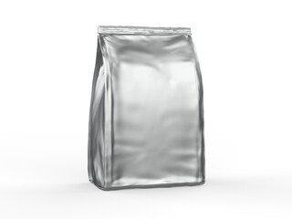 Blank metallic foil or paper food stand up pouch mockup, snack sachet bag packaging mock up, 3d render illustration