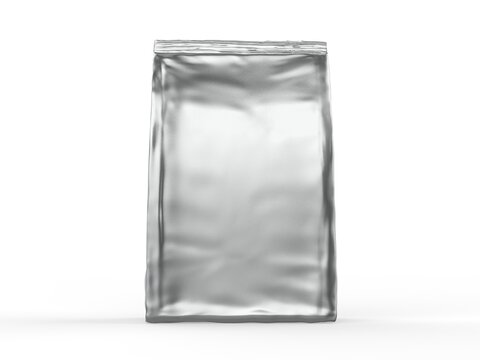 Blank Metallic Foil Or Paper Food Stand Up Pouch Mockup, Snack Sachet Bag Packaging Mock Up, 3d Render Illustration