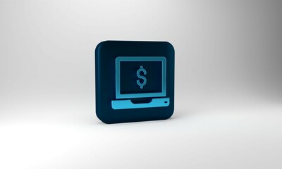Blue Laptop with dollar icon isolated on grey background. Sending money around the world, money transfer, online banking, financial transaction. Blue square button. 3d illustration 3D render