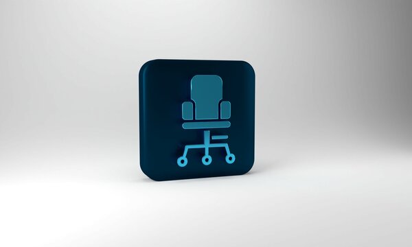 Blue Office Chair Icon Isolated On Grey Background. Blue Square Button. 3d Illustration 3D Render