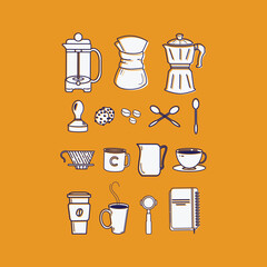 Illustration of coffee tools in flat design style on yellow background