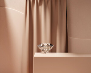 Round Diamond placed on podium with curtain background 3d rendering