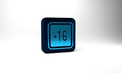 Blue Plus 16 movie icon isolated on grey background. Adult content. Sixteen plus icon. Censored business concept. Blue square button. 3d illustration 3D render