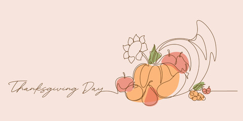 continuous line colored drawing style of cornucopia vector illustration. thanksgiving day script font background minimalism copy space. - obrazy, fototapety, plakaty