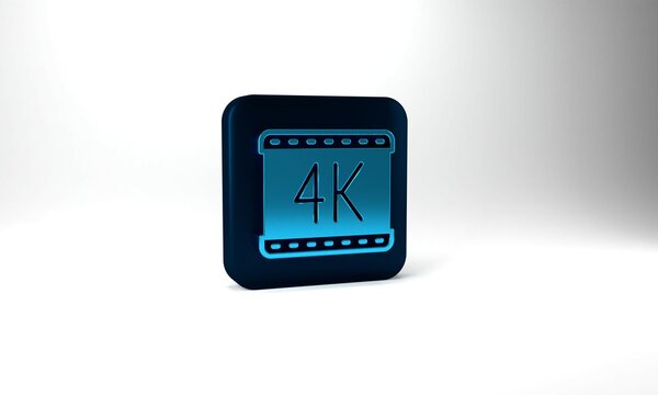 Blue 4k movie, tape, frame icon isolated on grey background. Blue square button. 3d illustration 3D render