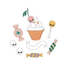 Retro 70s 60s Hippie Groovy Spooky Halloween Sweets vector illustration set isolated on white. Eyed skull Candy Cupcake print collection for T-shirt design.