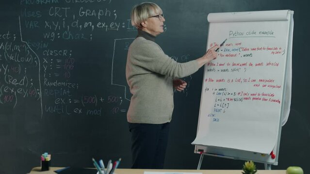 Portrait of experienced teacher pointing at board speaking teaching in classroom online concentrated on remote education. People and webinar concept.