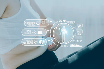 Fat woman hand holding excessive belly fat with measuring tape on white background. Shape up healthy stomach muscle and diet lifestyle to reduce belly concept.