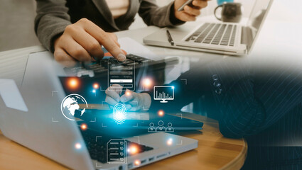 Online transactions, Businessman touching fingerprint scan provides security interface payment shopping banking and cloud computing network connection on virtual screen.