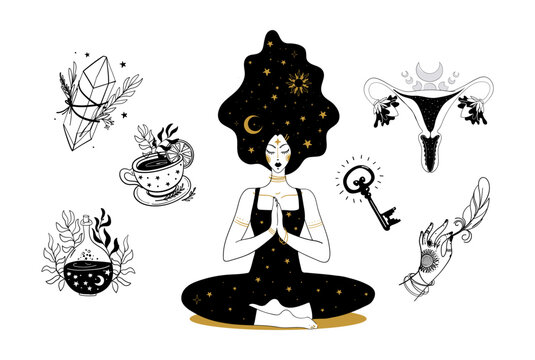 Set of mystical boho icons. Meditating woman hand drawn tattoo, witch crystals, womb symbol of sacred femininity, amulet. Artline illustration isolated on white background.