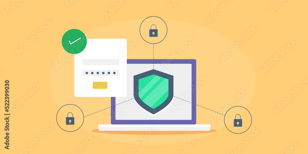 Poster shield on laptop screen with lock and password protection, cyber security internet concept.