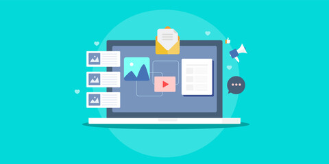 Content marketing network and communication concept. Digital contents on laptop screen.