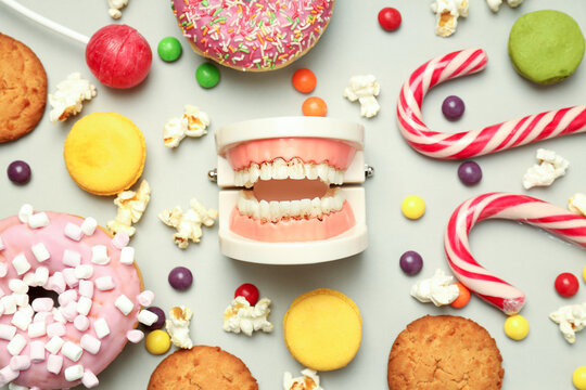 Concept of food bad for teeth on light gray background