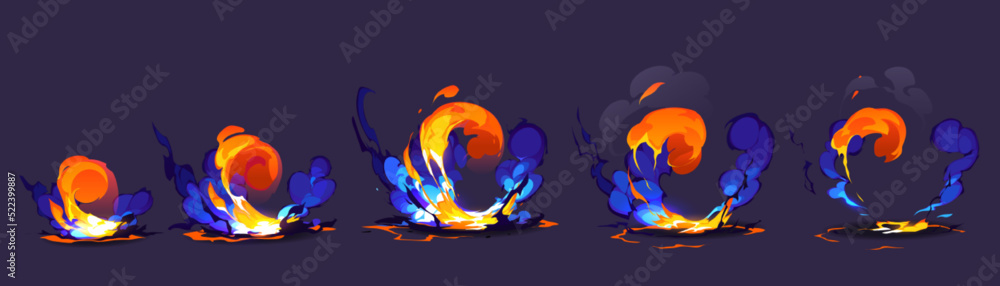 Poster magic explosion animation effect for 2d game design. vector sprite sheet of cartoon energy burst, fa