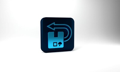 Blue Return cardboard box icon isolated on grey background. Box, package, parcel sign. Delivery and packaging. Blue square button. 3d illustration 3D render