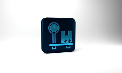 Blue Scale with cardboard box icon isolated on grey background. Logistic and delivery. Weight of delivery package on a scale. Blue square button. 3d illustration 3D render