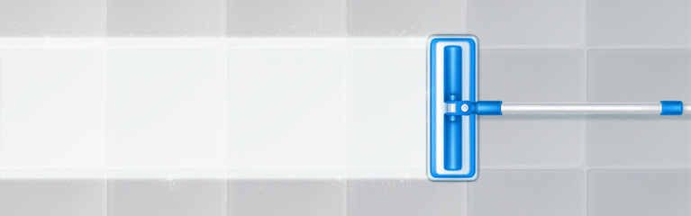 Mop cleaning dirty tiled floor realistic image. Vector top view illustration of bathroom surface shining, sparkling after washing with sanitizing detergent. Domestic hygiene. Housework equipment