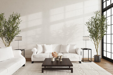 Hampton style living room. Home interior design 3d render illustration in pastel colors.
