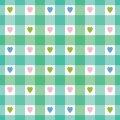 Check pattern background with hearts. Vector seamless repeat gingham plaid in green. 
