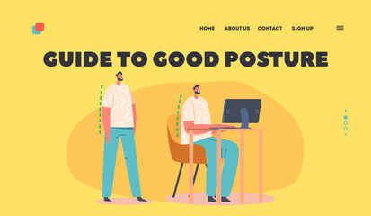 Guide to Good Posture Landing Page Template. Male Character Correct Sitting and Standing Position, Spinal Health