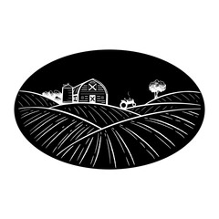 Farm warehouse, hangar among the fields on black. Farming engraving, agribusiness and organic products
