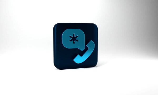 Blue Telephone with emergency call 911 icon isolated on grey background. Police, ambulance, fire department, call, phone. Blue square button. 3d illustration 3D render