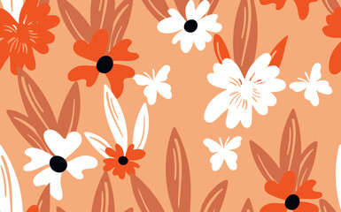 Seamless floral pattern based on traditional folk art ornaments. Colorful flowers on color background. Scandinavian style. Sweden nordic style. Vector illustration. Simple minimalistic pattern