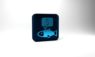 Blue Price tag for fish icon isolated on grey background. Blue square button. 3d illustration 3D render