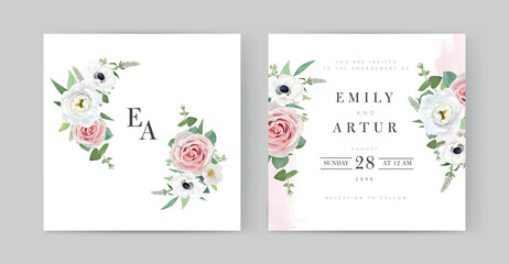 Watercolor, wedding invite, save the date set. Floral template. Delicate garden pink roses, white anemone flowers, green seeded eucalyptus branches bouquet with hexagonal silver frame. Editable vector
