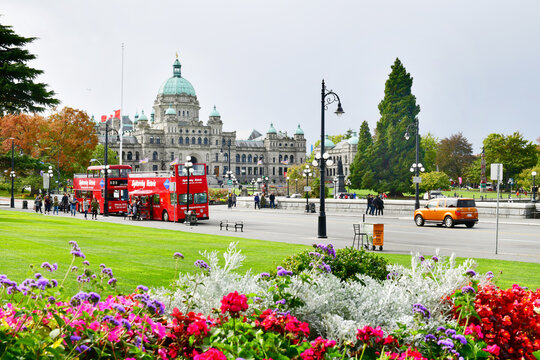 Victoria, Canada - OCTOBER 7, 2017: Street in front of Fairmont Empress Historic Hotel contrary to Inner Harbour of Victoria, Vancouver Island, B.C, Canada