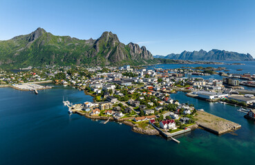 Aerial view of Svolvaer town in Lofoten Islands, Norway in sunny summer day - 522402207
