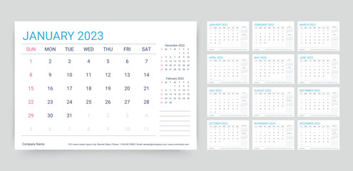 2023 calendar. Planner template. Desk schedule layout. Week starts Sunday. Yearly calender organizer. Table monthly diary grid with 12 month. Vector illustration. Horizontal design. Paper size A5.