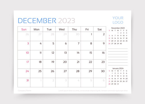 December 2023 year calendar. Planner calender template. Week starts Sunday. Desk monthly organizer. Timetable grid. Table schedule layout. Corporate diary. Vector simple illustration. Paper size A5