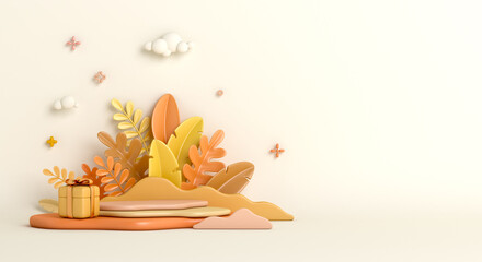 Autumn display podium decoration background with orange leaves, gift box, product display mock up, 3d rendering illustration