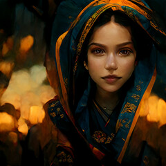 portrait of a beautiful young woman with a blue and yellow hood on blurred dark background. Mysterious female character 