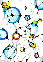A hand drawn and multicoloured abstract watercolor art painting in a neurographic style with spheres and wavy lines