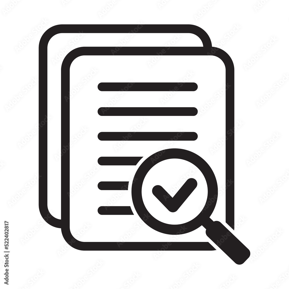 Poster magnifying glass check document icon. papers with business report and magnifying glass. process and 