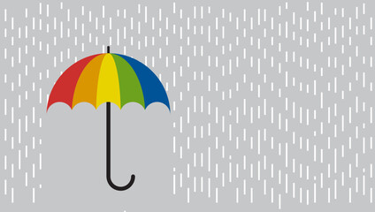 Rain and an open rainbow colored umbrella, safety concept. Protection and isolation from external risk factors. Vector illustration