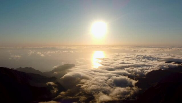 drone flight over the clouds at Pico do Arieiro on Madeira Island