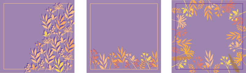 Yellow and orange floral leaves background card template collection. Vector card