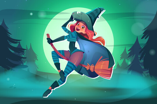 Sexy witch flying on broom, full moon background. Female cartoon character with red hair wearing green cloak and old hat, smiling in foggy midnight forest. Halloween atmosphere vector illustration