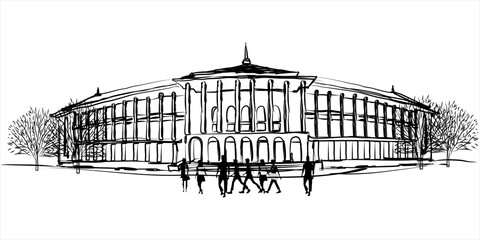 Freehand sketch of the rectorate building of a famous public university in Yogyakarta, Indonesia